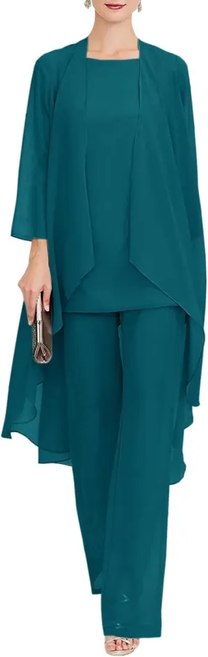 Zongqiven Chiffon Mother of The Bride Pant Suits 3Pcs Wedding Formal Outfit Set Evening Gown for Women