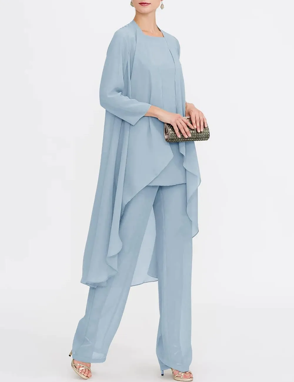 Zongqiven Chiffon Mother of The Bride Pant Suits 3Pcs Wedding Formal Outfit Set Evening Gown for Women